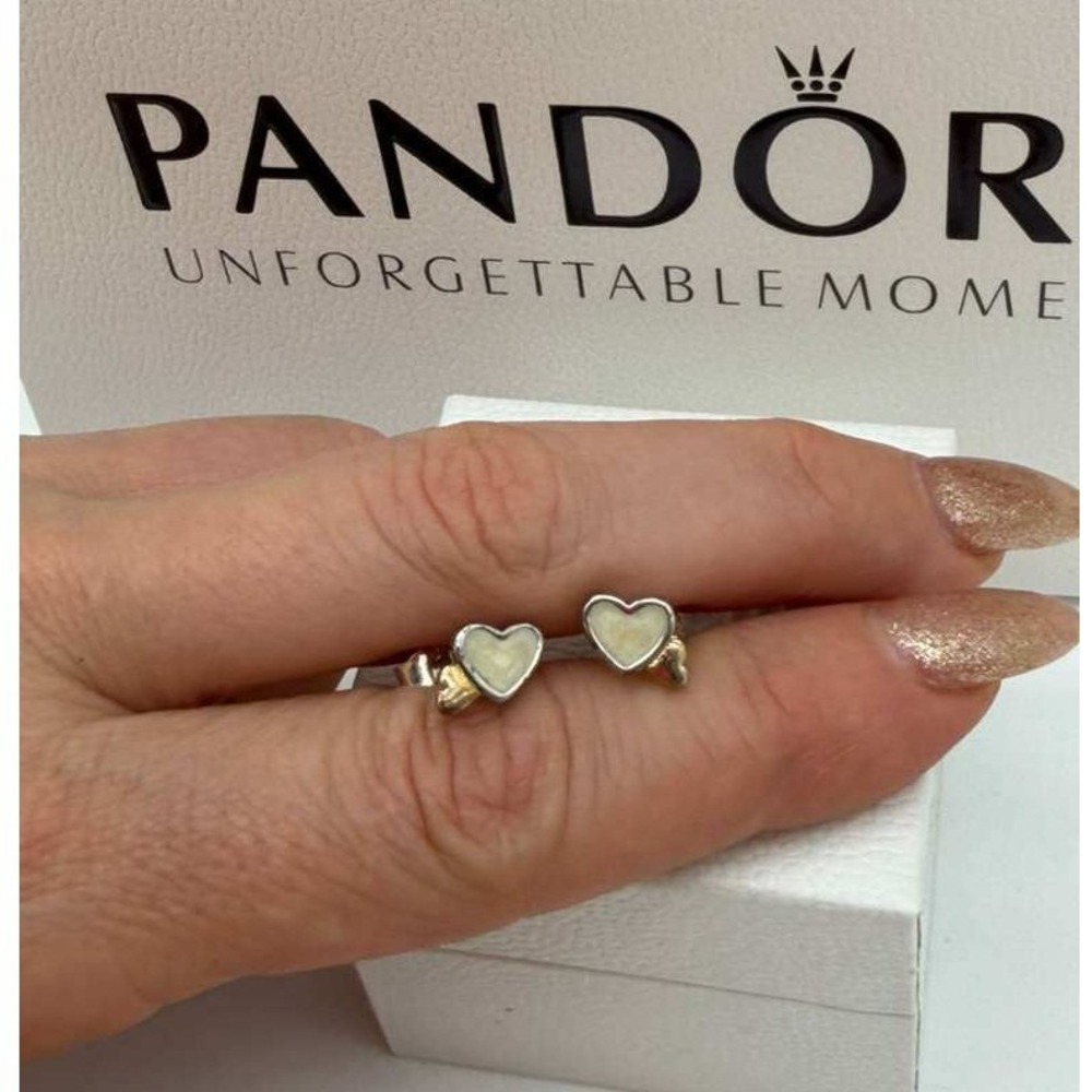 Pandora Two-Tone Heart Stud Earrings White Enamel & Gold Tone View 2